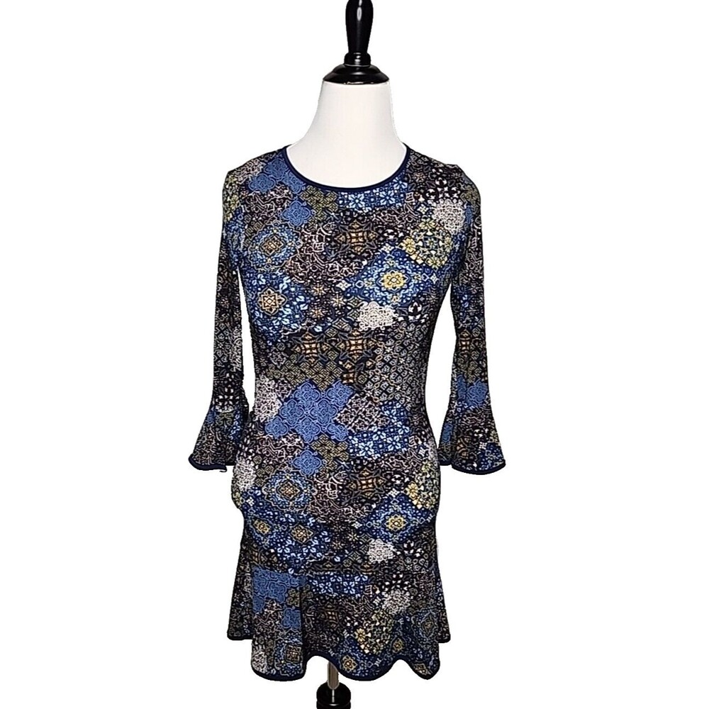 Michael Kors Blue A Line size XS scoop neck long sleeve dress Geometric Design
